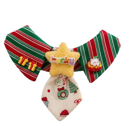 Multicolor decorative pet neckwear with a large bow, star panel, and pointed bib, front view