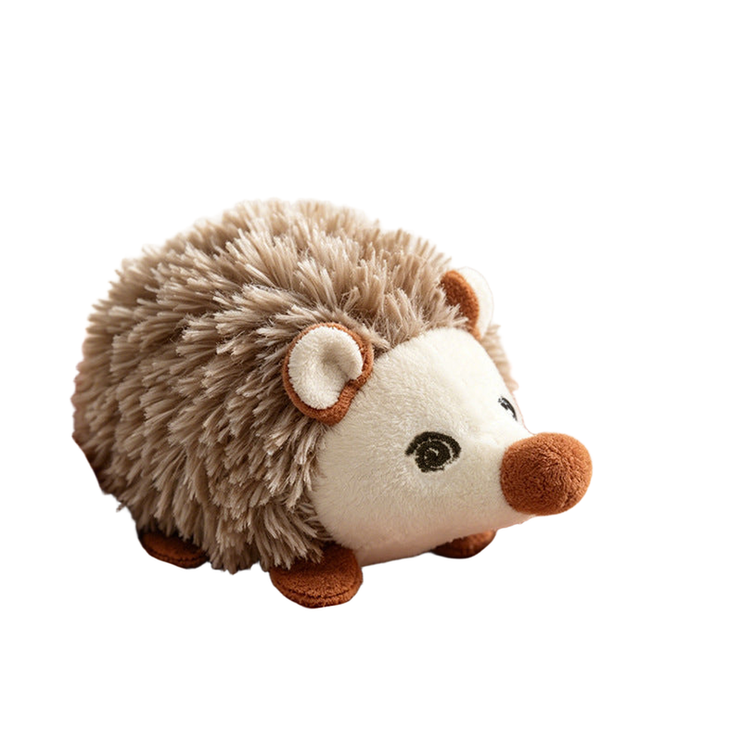 Gray hedgehog-shaped cat toy held in a hand