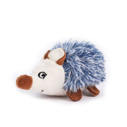 Blue hedgehog-shaped cat toy on a white background