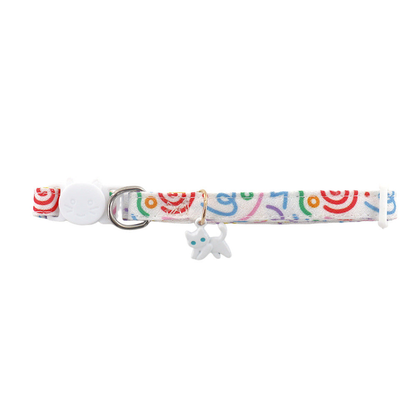 White Cat pet neckwear with a multicolor patterned strap and white cat charm