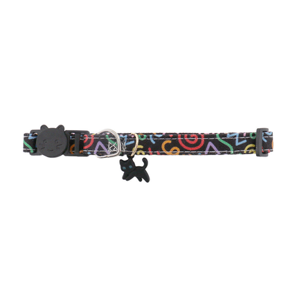 Black Cat pet neckwear with a multicolor patterned strap and black cat charm
