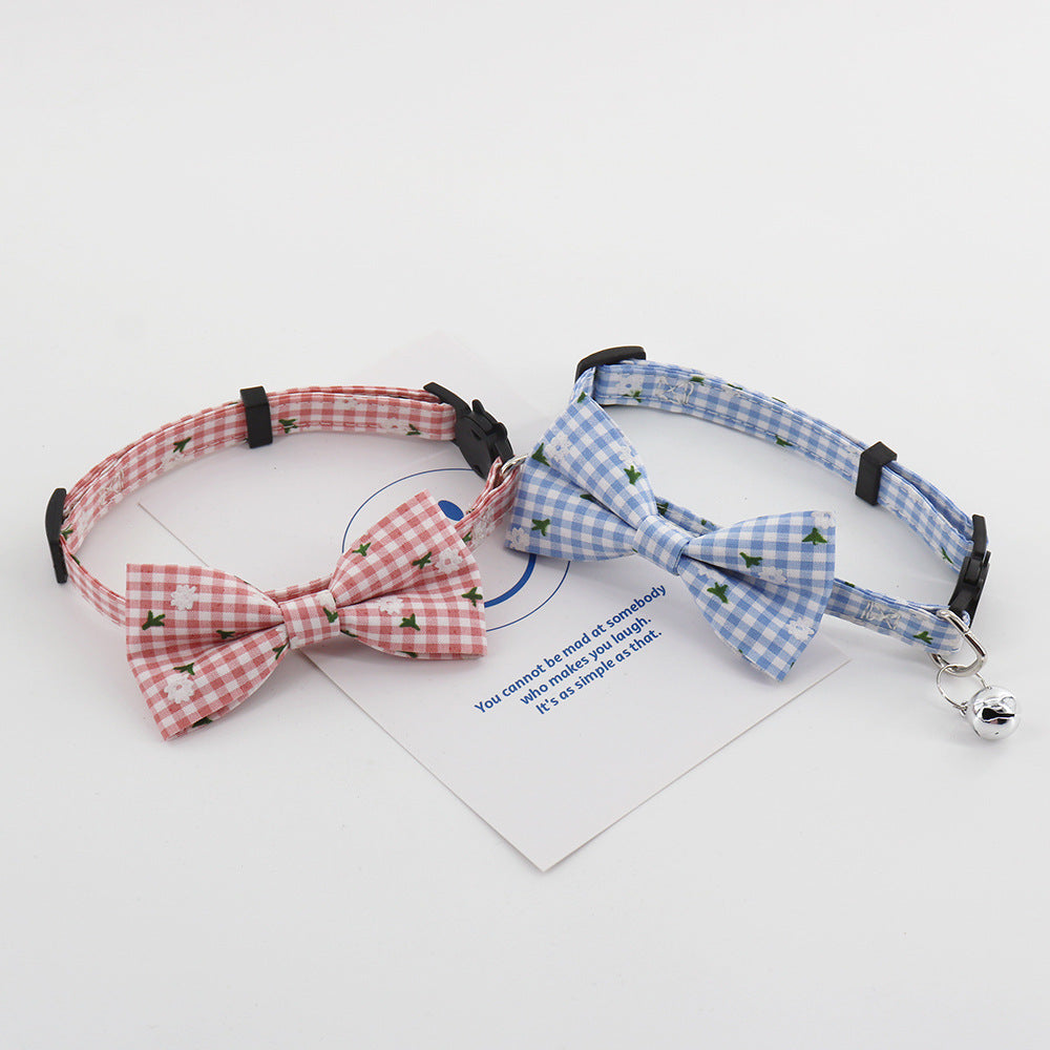 Red and Sky Blue gingham pet collars with bows and bells displayed together