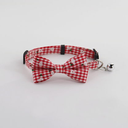 Red gingham pet collar with bow and bell, front view