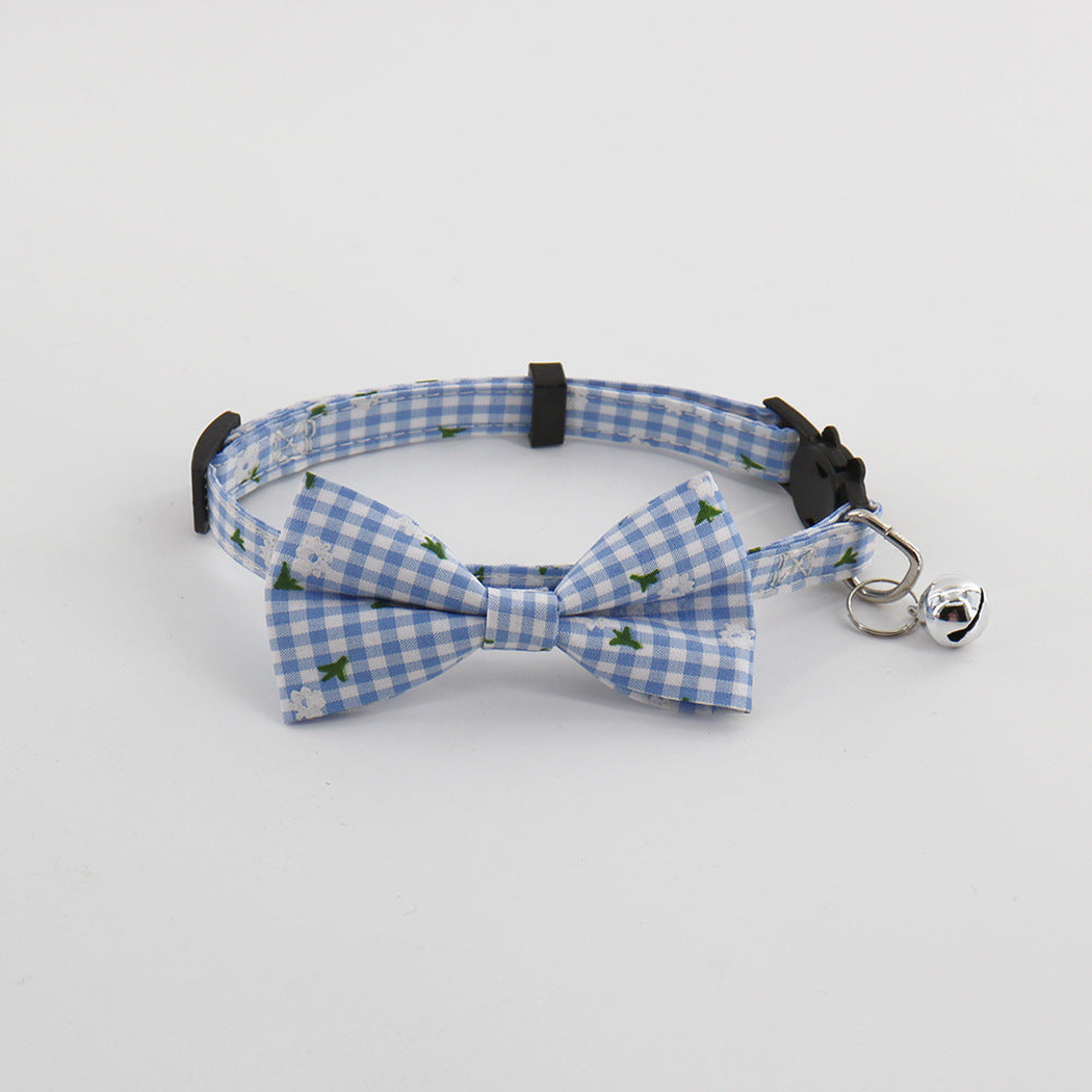 Sky Blue gingham pet collar with bow and bell, front view
