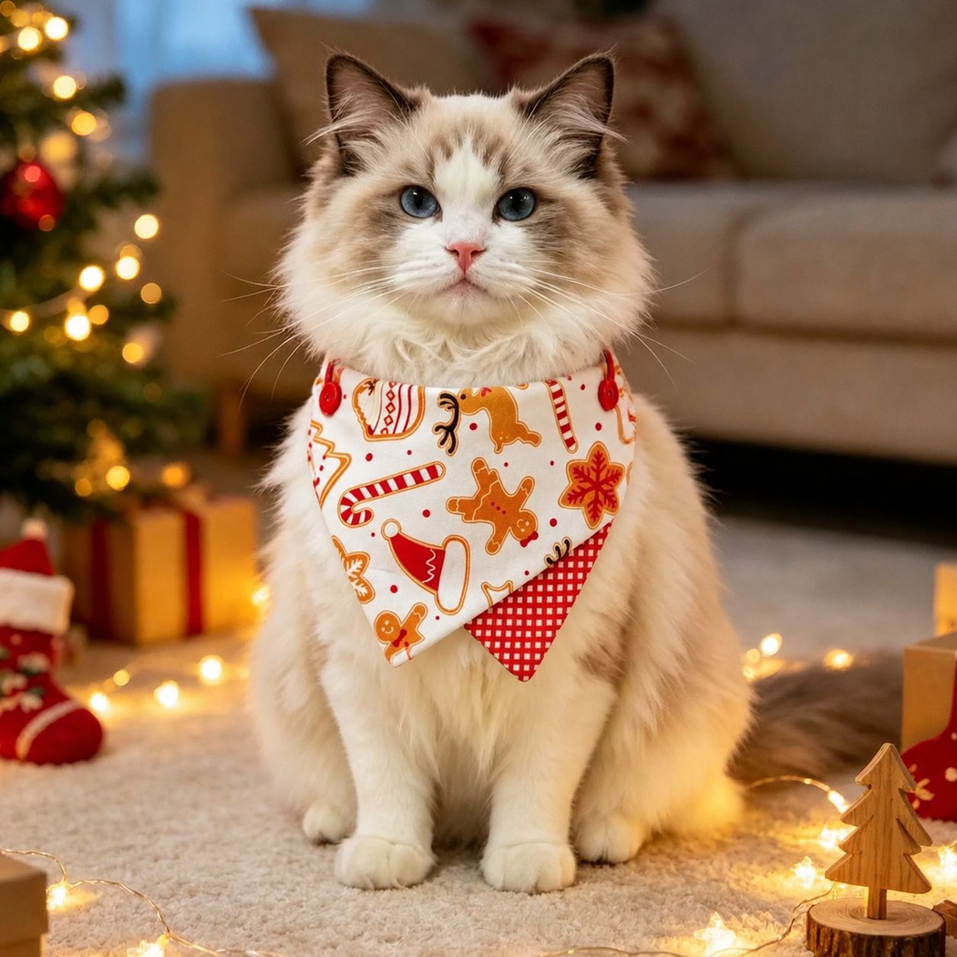 Multicolor Christmas pet neckwear worn by a fluffy cat