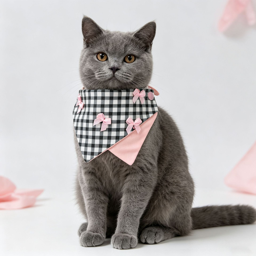 Gingham pet neckwear with a black-and-white check pattern and pink bows, worn by a gray cat