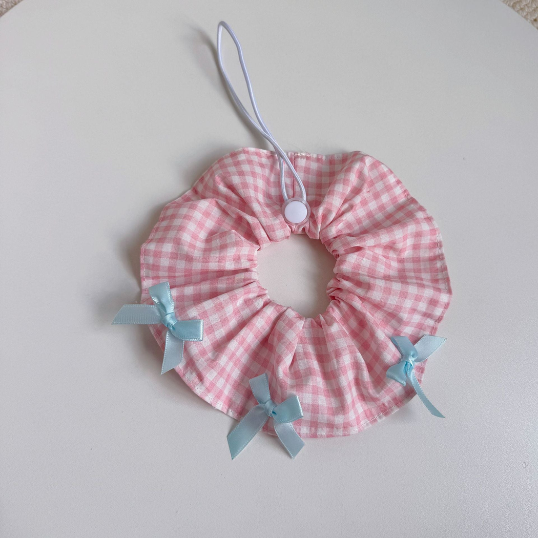 Pink Checks pet neckwear with light blue ribbon bows