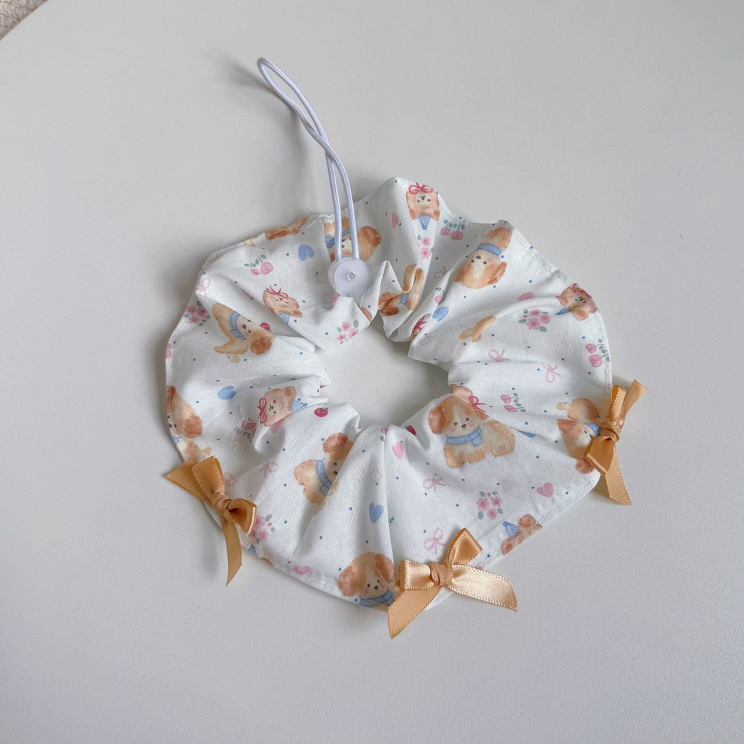 Teddy Bear pet neckwear with teddy bear print and orange-gold ribbon bows