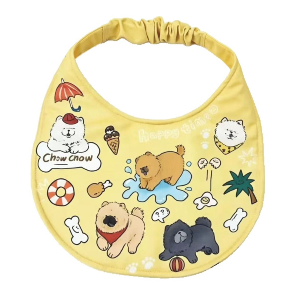 Yellow pet bib with cartoon dog illustrations, front view