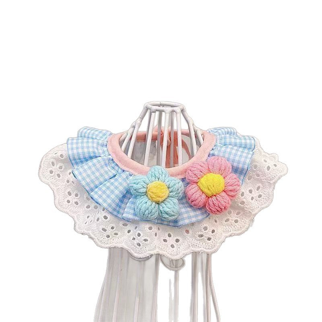 Blue-and-pink flower pet neckwear with light-blue gingham, front view