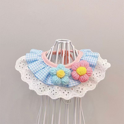 Blue Flowers pet neckwear with light-blue gingham and flower embellishments, front view