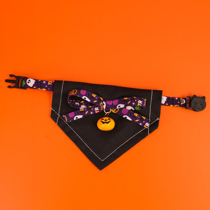 Star Letters pet neckwear with a purple patterned bow and pumpkin charm