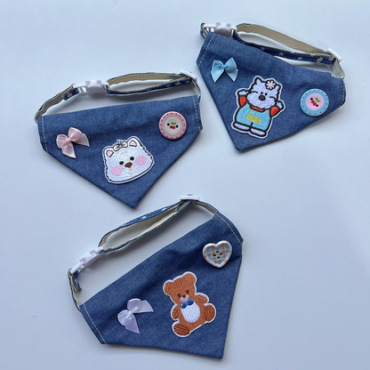 Dog Outfit, Cat Patch, and Bear Patch pet bandanas displayed together