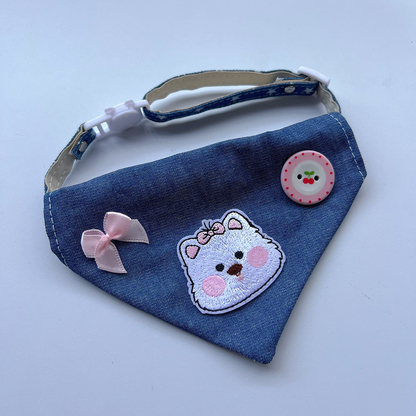 Cat Patch blue pet bandana with pink bow and cat-face patch, front view