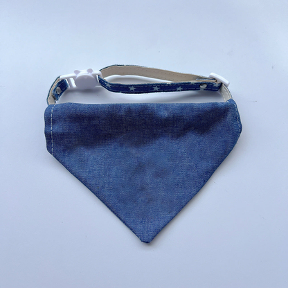 Plain Blue pet bandana with star-patterned neck strap, front view