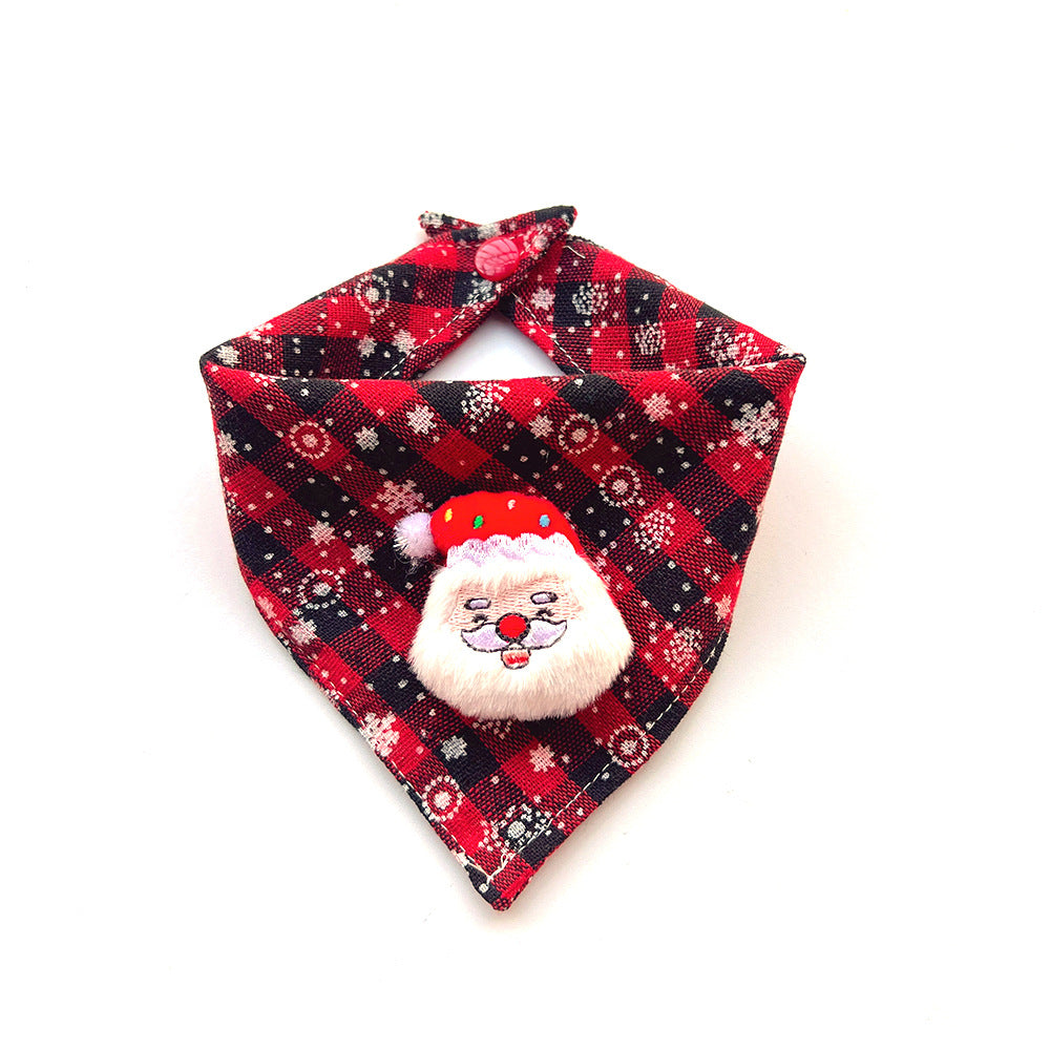 Red plaid pet neckwear with a Santa applique, flat front view