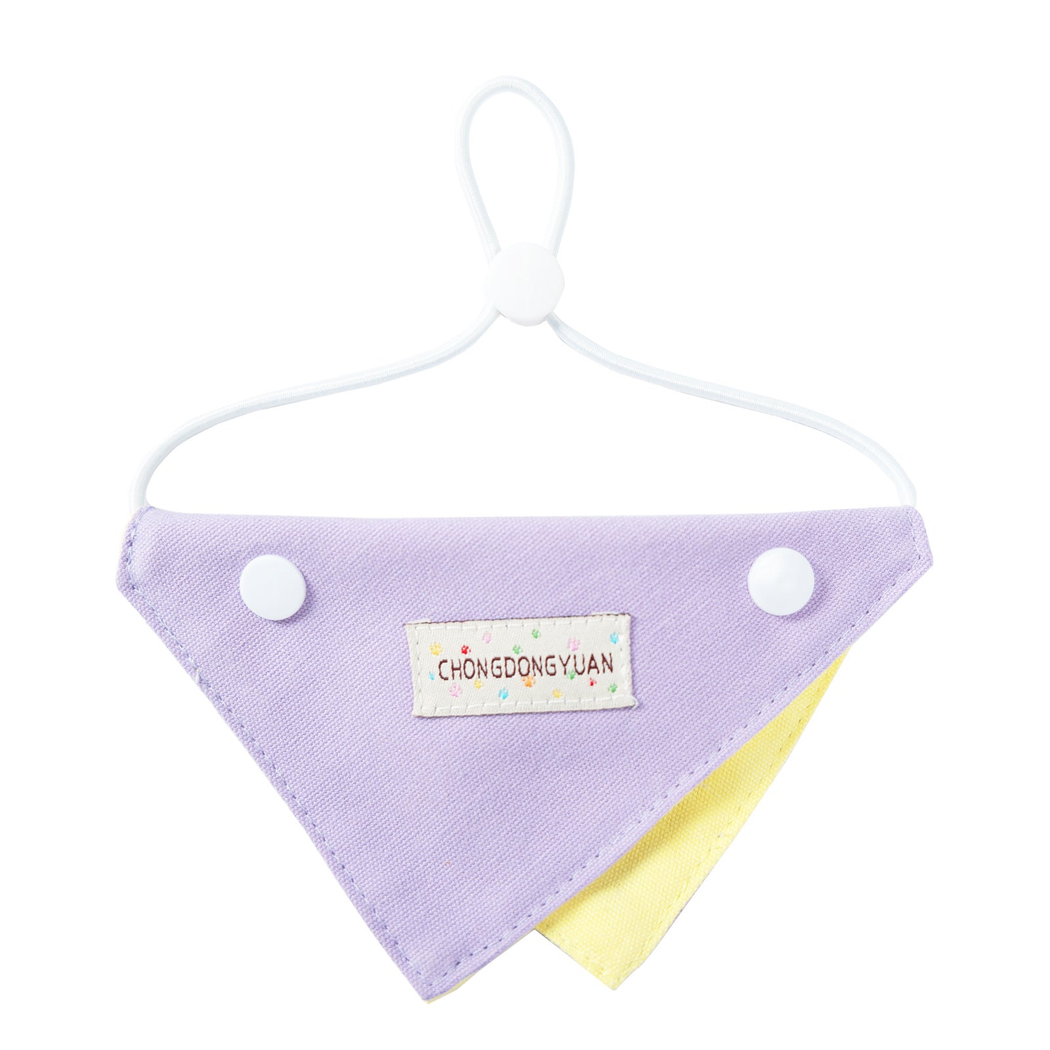 Purple triangular pet neckwear with a yellow contrasting panel, front view
