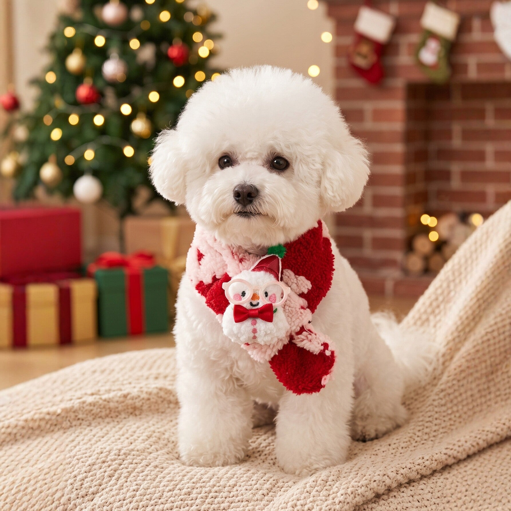 White dog wearing red and pink fuzzy pet neckwear with a snowman decoration