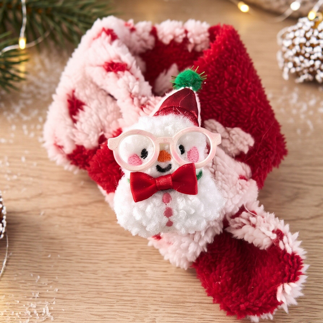 Close-up of red and pink fuzzy pet neckwear with a snowman decoration, glasses, and bow
