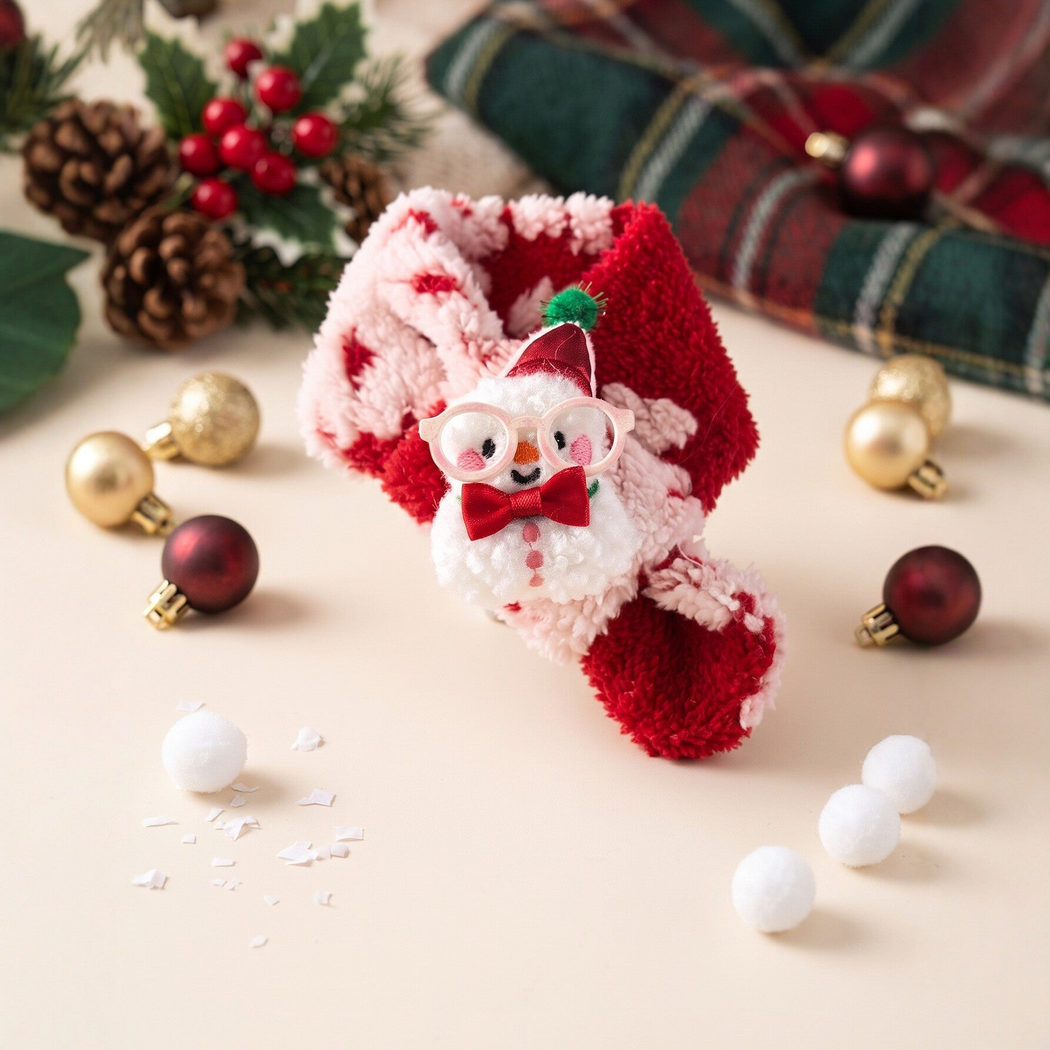 Red and pink pet neckwear with a snowman decoration arranged among holiday ornaments