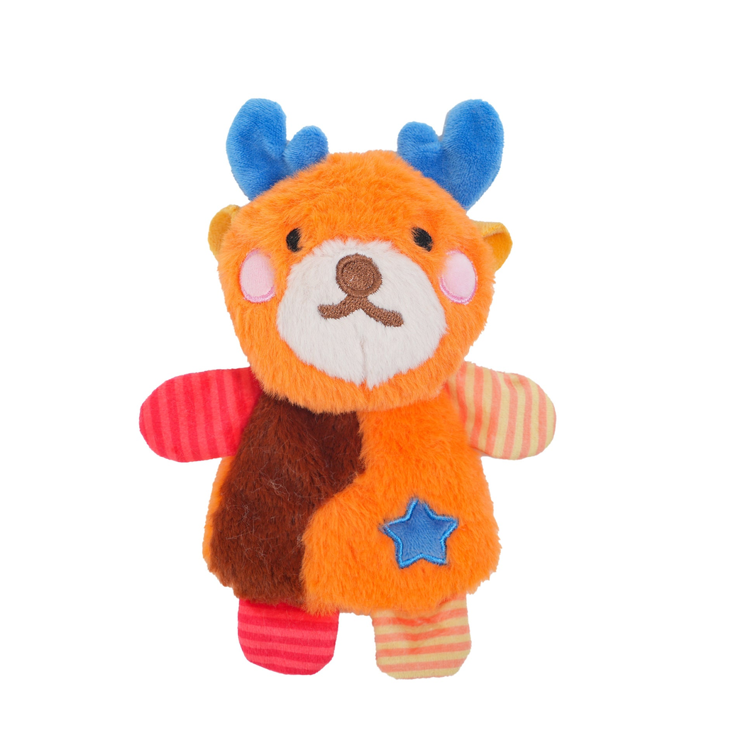 Orange deer plush dog toy with blue antlers and a blue star patch, front view
