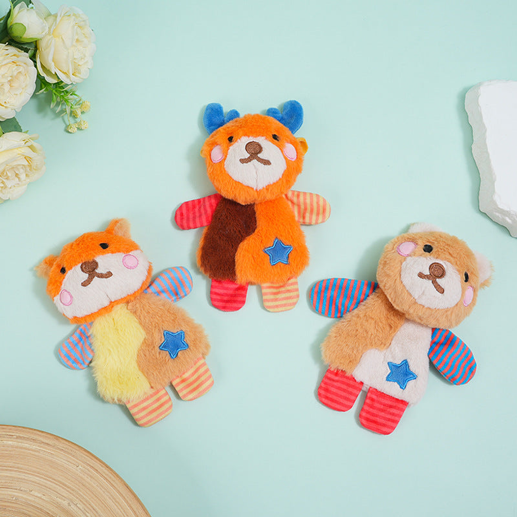 Deer, bear, and fox plush dog toys displayed together