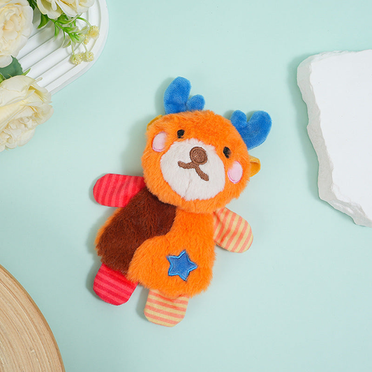 Deer plush dog toy with blue antlers and a star patch, front view