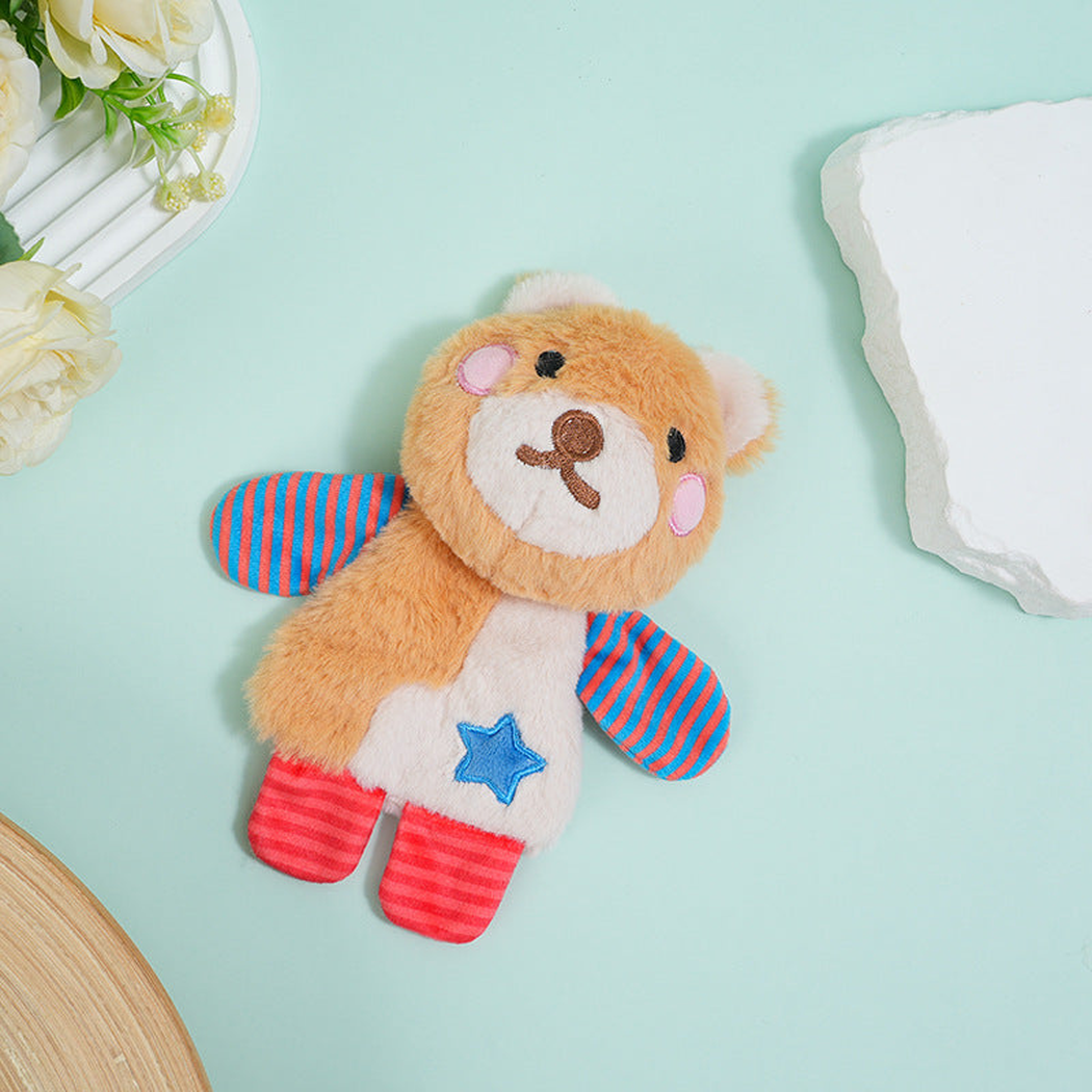 Bear plush dog toy with rounded ears and a blue star patch, front view