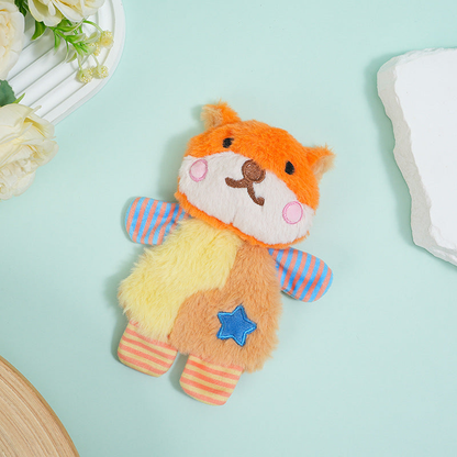 Fox plush dog toy with pointed ears and a blue star patch, front view