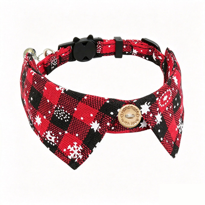 Red Snowflake cat collar with a bow-tie panel and silver bell