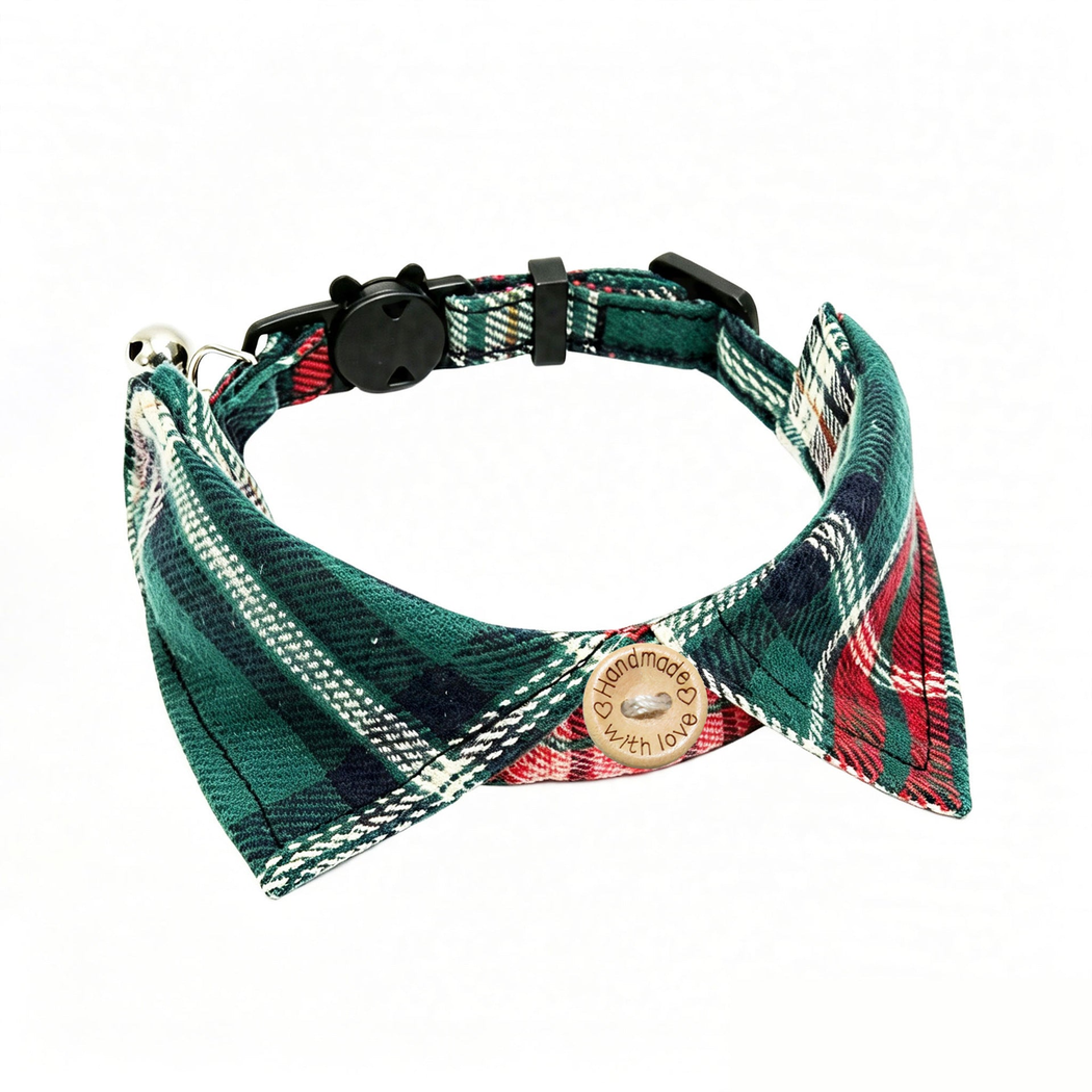 Green Plaid cat collar with a bow-tie panel and silver bell