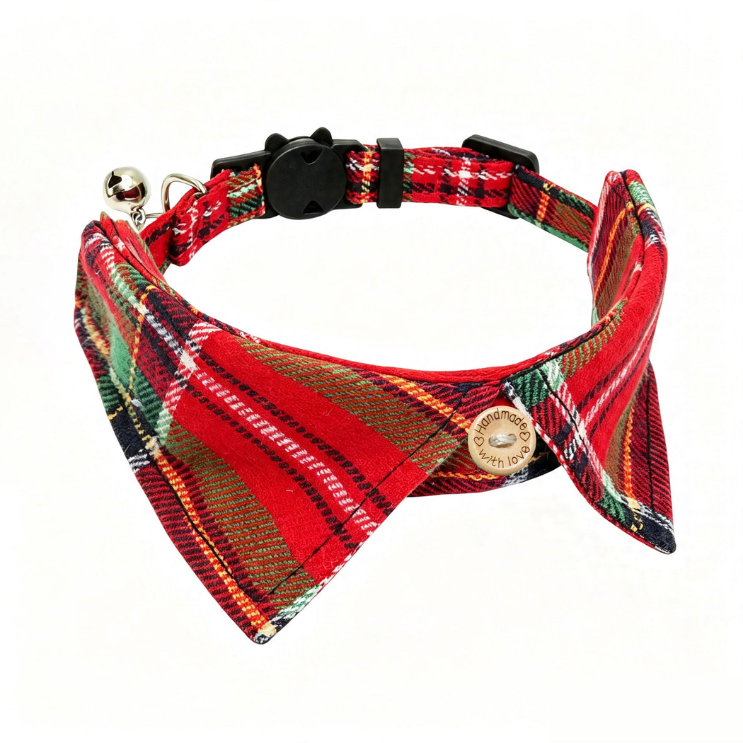 Red Plaid cat collar with a bow-tie panel and silver bell