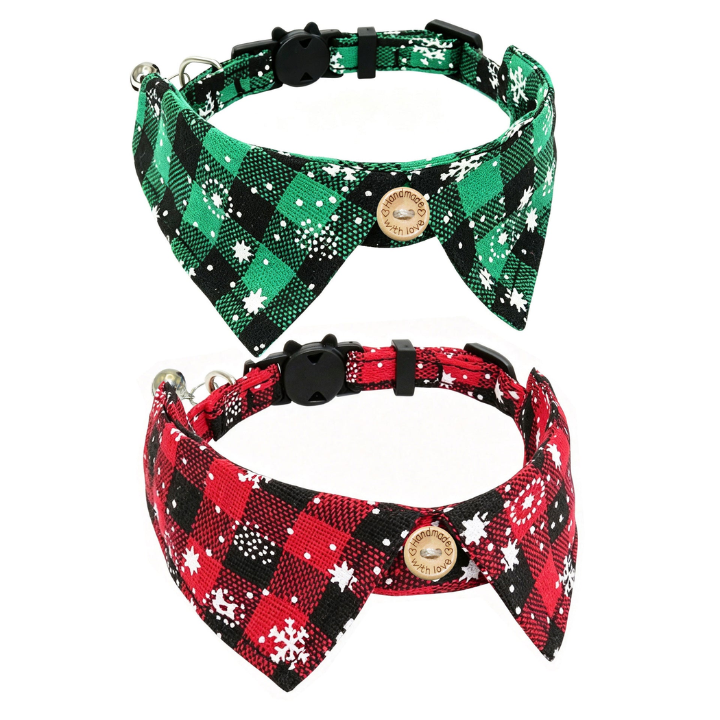 Green and red snowflake cat collars displayed together