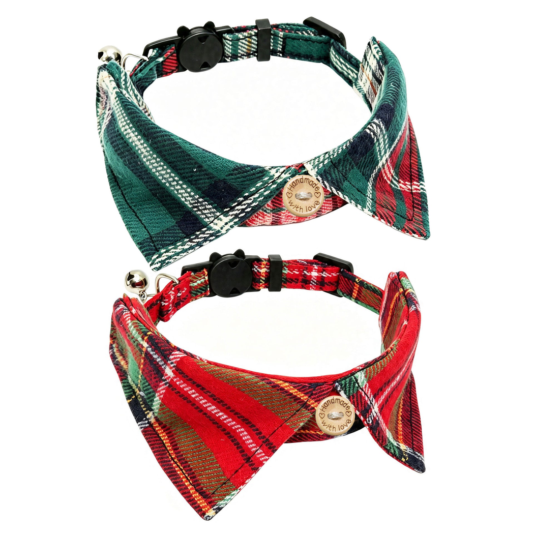 Green and red plaid cat collars displayed together