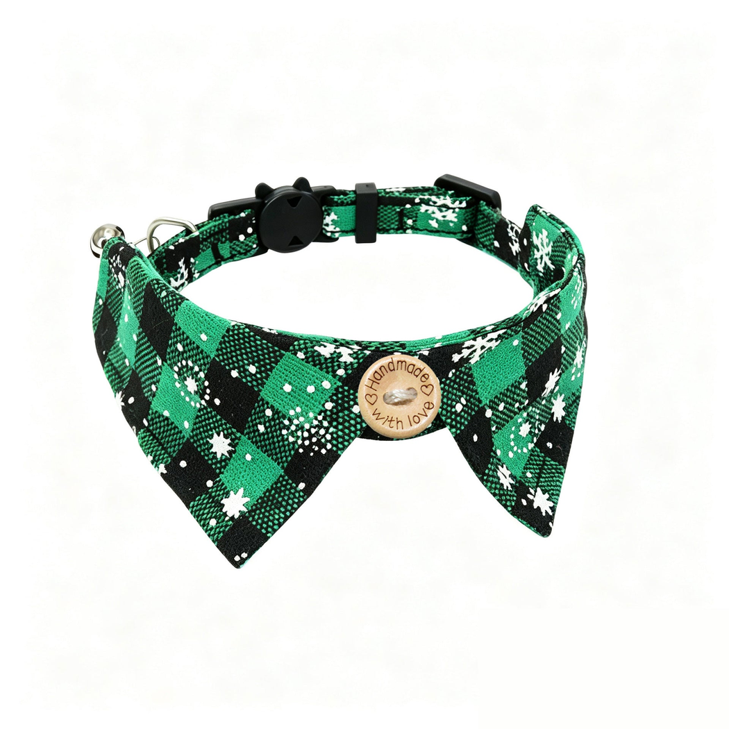 Green Snowflake cat collar with a bow-tie panel and silver bell
