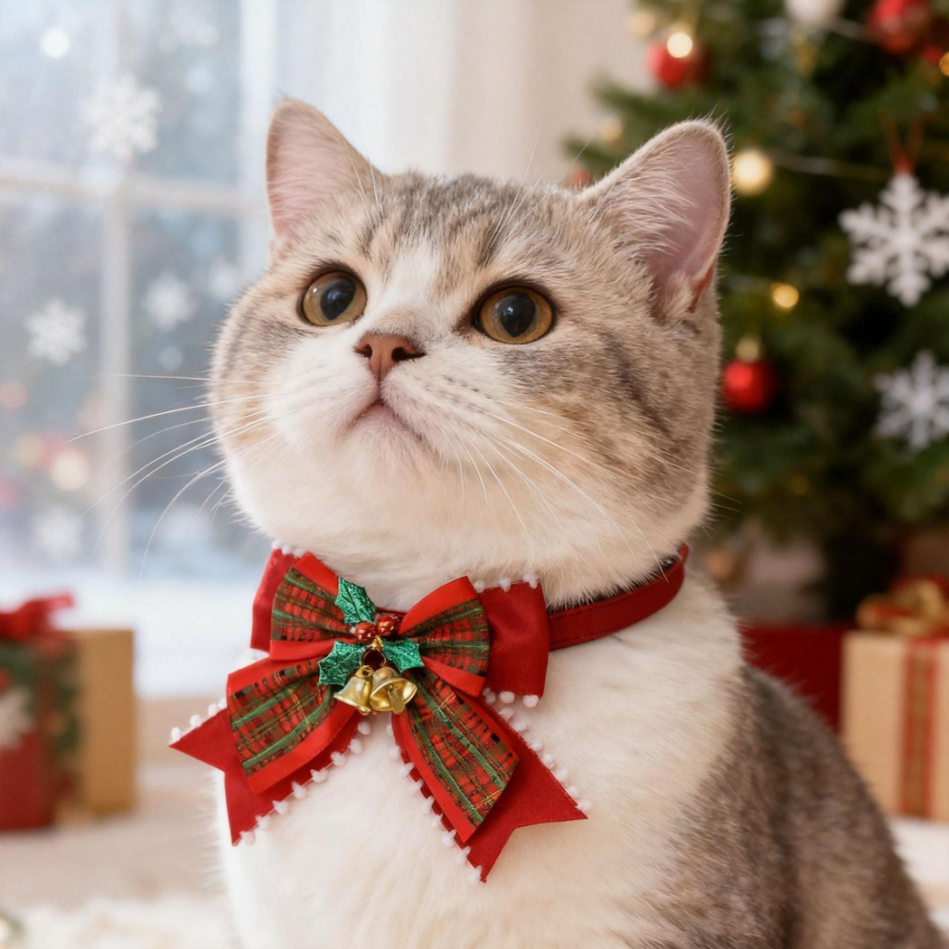 A cat wearing a red Plaid Bow pet collar beside a Christmas tree
