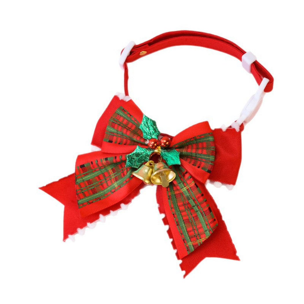 Plaid Bow pet collar with a red-and-green plaid bow, bells, and white pom-pom trim