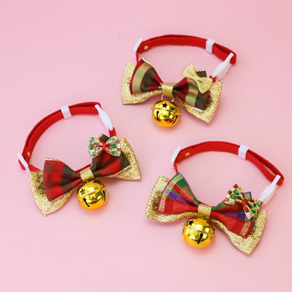 Pet collars in Red / Purple, Red / Green, and Gold / Green with plaid bows and gold-tone bells