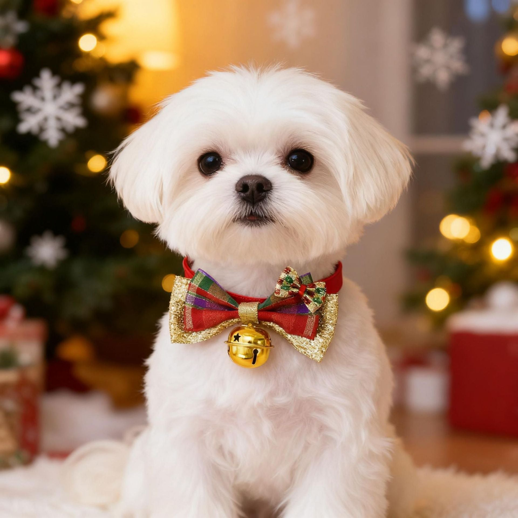 White dog wearing a red pet collar with a plaid bow and gold-tone bell