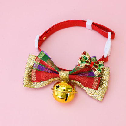 Red / Purple pet collar with plaid bow, glitter trim, and gold-tone bell