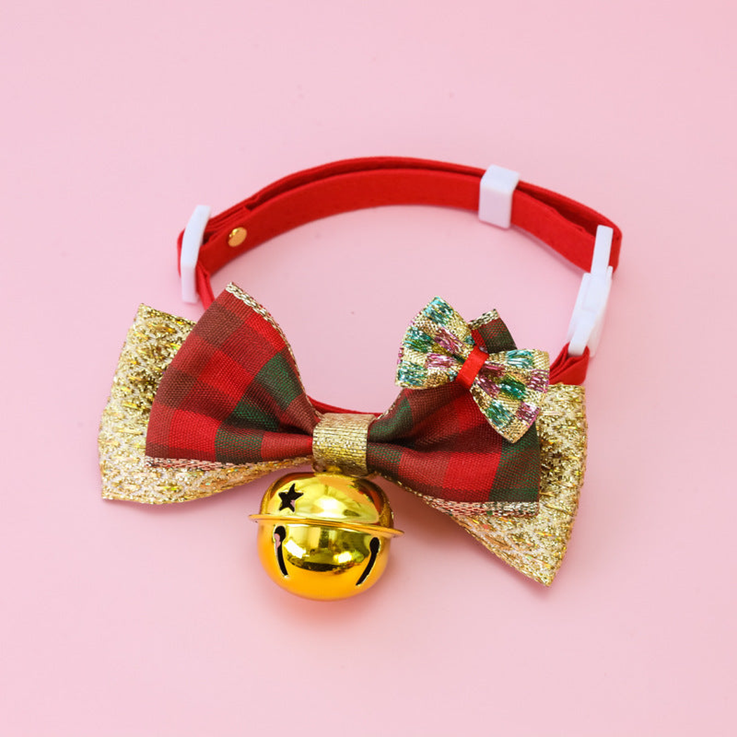 Red / Green pet collar with plaid bow, glitter trim, and gold-tone bell