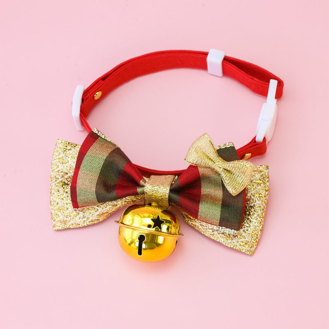 Gold / Green pet collar with plaid bow, glitter trim, and gold-tone bell