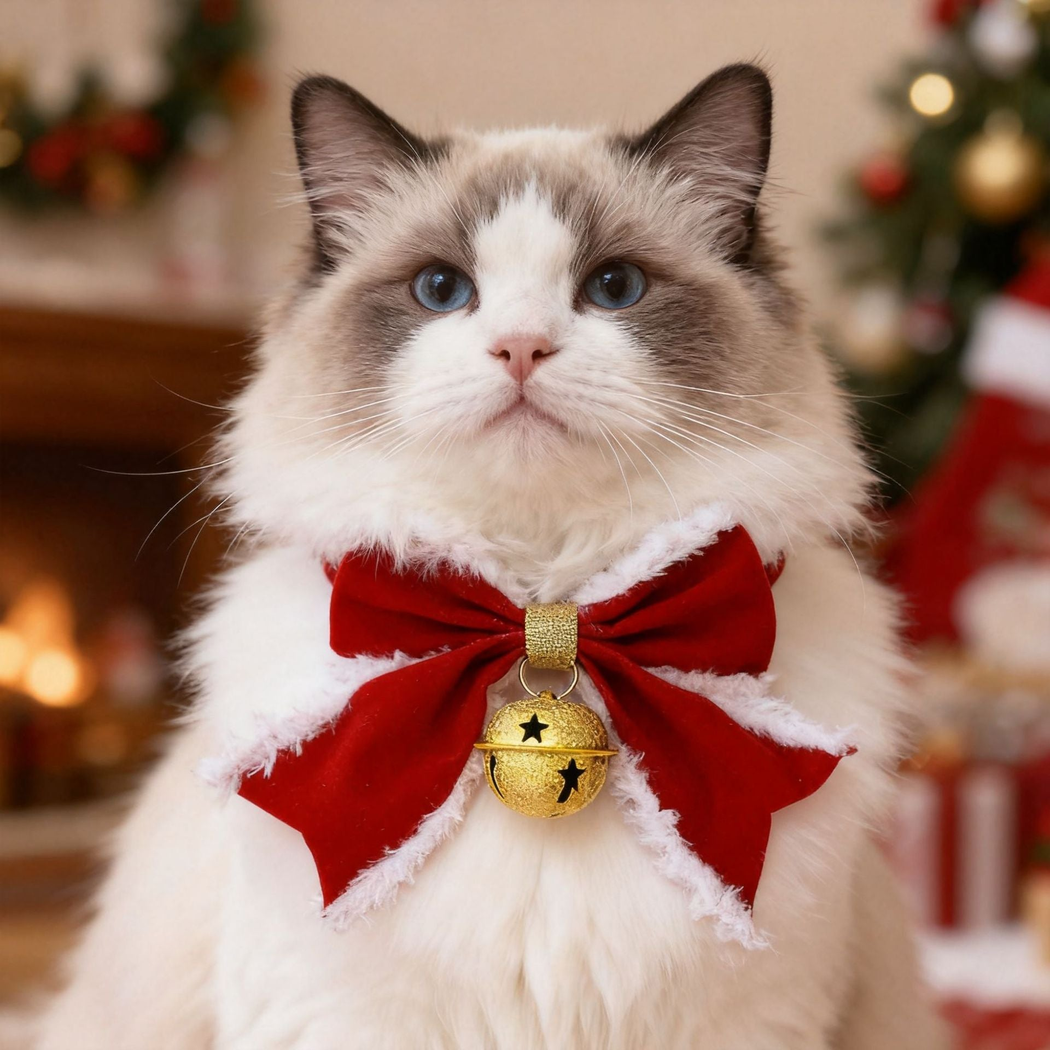 Cat wearing a red bow pet collar with a gold bell