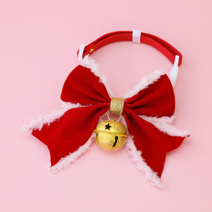 Bow+Frosted pet collar with red bow, white buckle, and hanging frosted bell