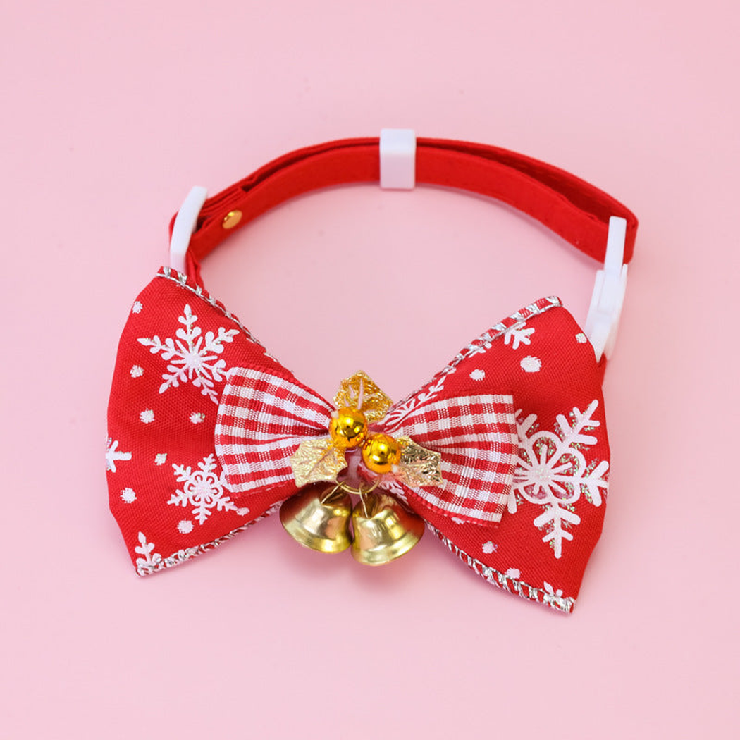 Red Plaid pet collar with a bow and gold bells, front view
