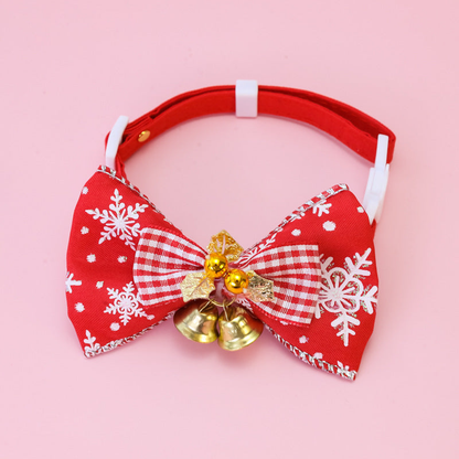Red Plaid pet collar with a bow and gold bells, front view