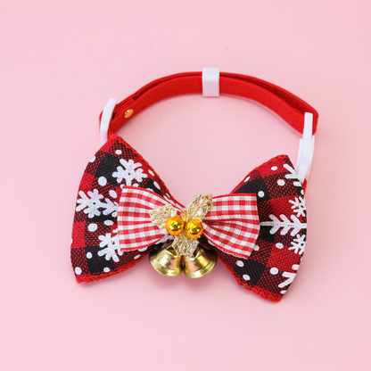 Black Plaid pet collar with a bow and gold bells, front view