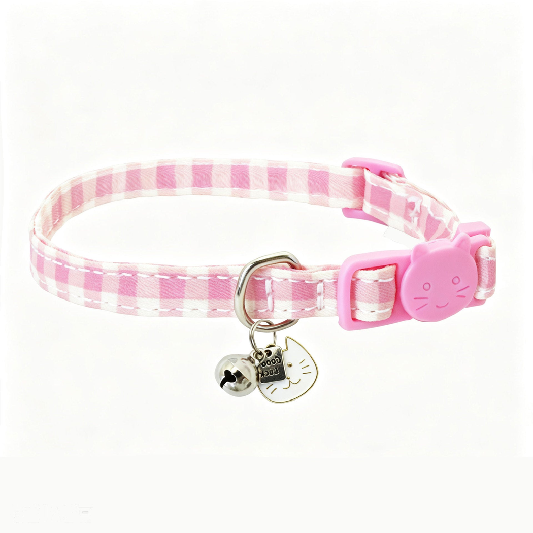 Pink plaid cat collar with cat-face buckle, bell, and cat-head charm