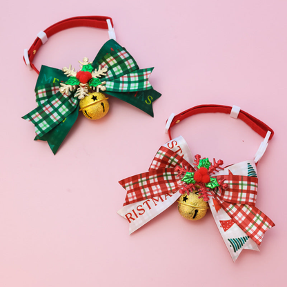 Red Plaid and Green Plaid pet collars arranged diagonally with bows and bells