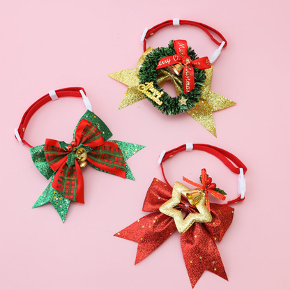 Red, green, and gold pet collar styles displayed together